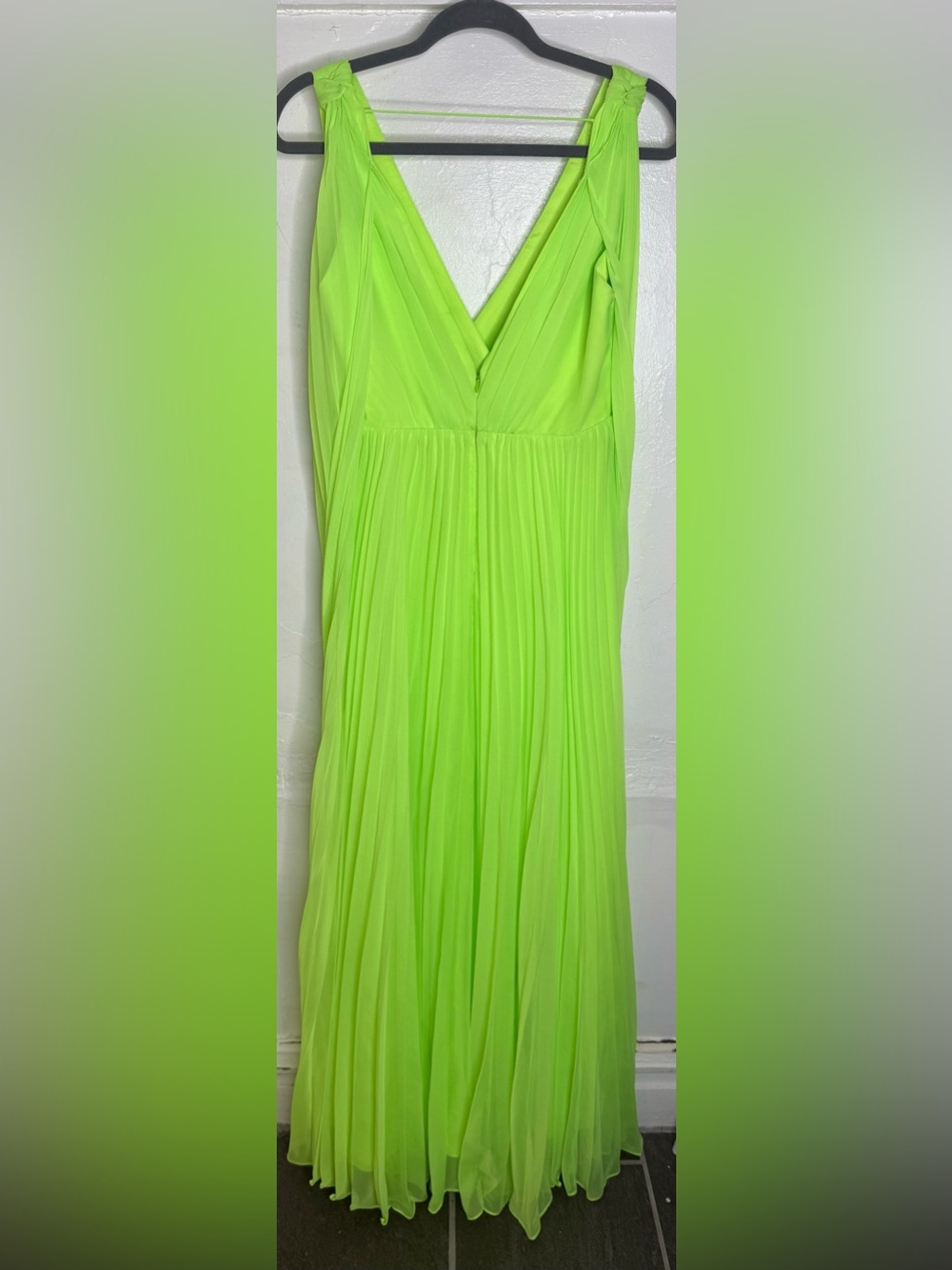 ML Monique Lhuillier Electric Neon Green Pleated Gown Maxi Dress New With Tags 8 - Picture 14 of 15